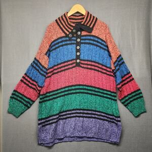Vintage Stefano Womens Cardigan Sweater 2X Long Colorful Stripe Acrylic 90s